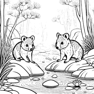 Zwei neugierige Quokka Babys am glitzernden Teich Ausmalvorlage für kleine Entdecker