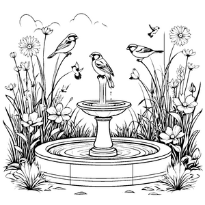 Flotte Vögel am sprudelnden Brunnen Ausmalbild für junge Naturfreunde