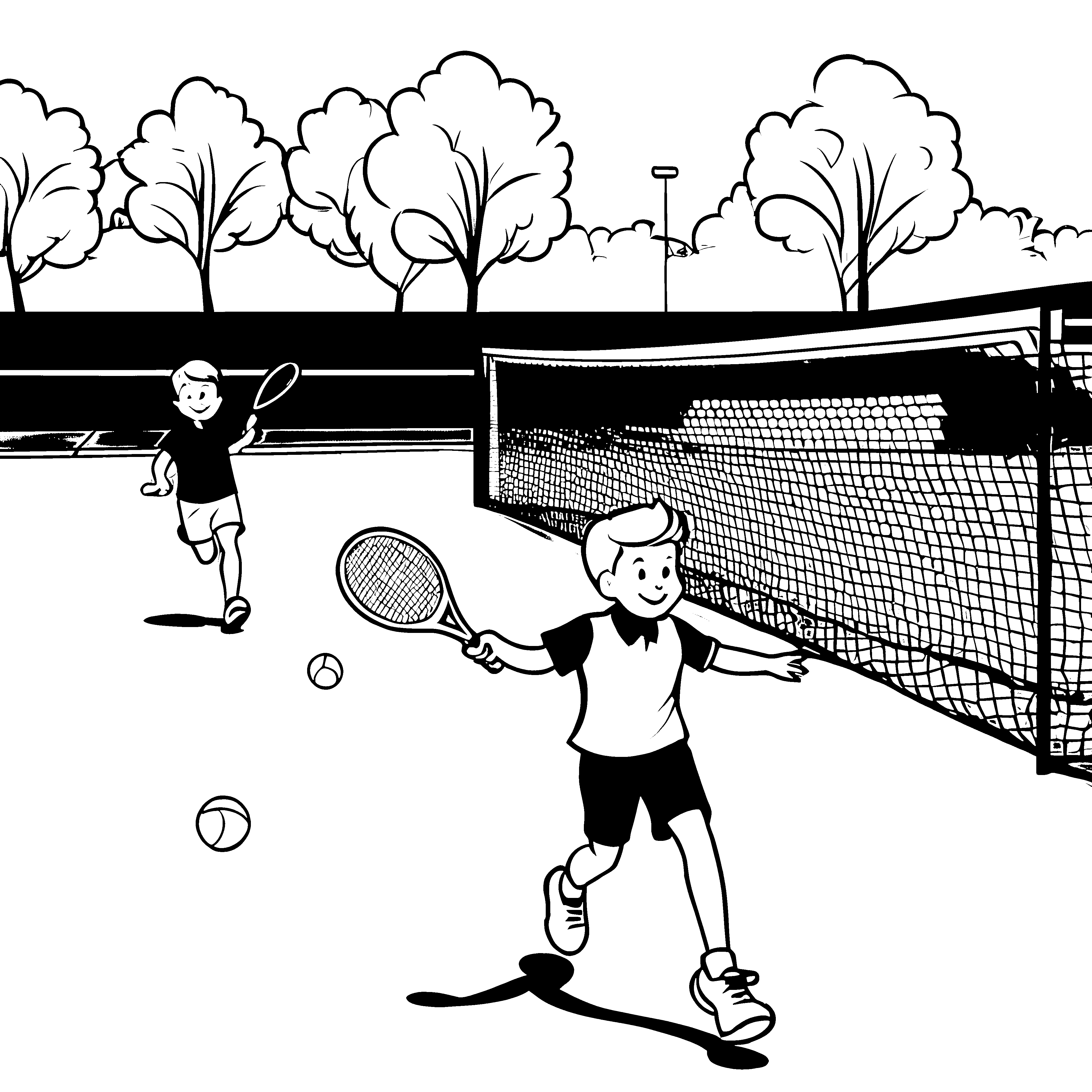 Tennisfreunde im spannenden Wettkampf Malvorlage für junge Sportfreaks