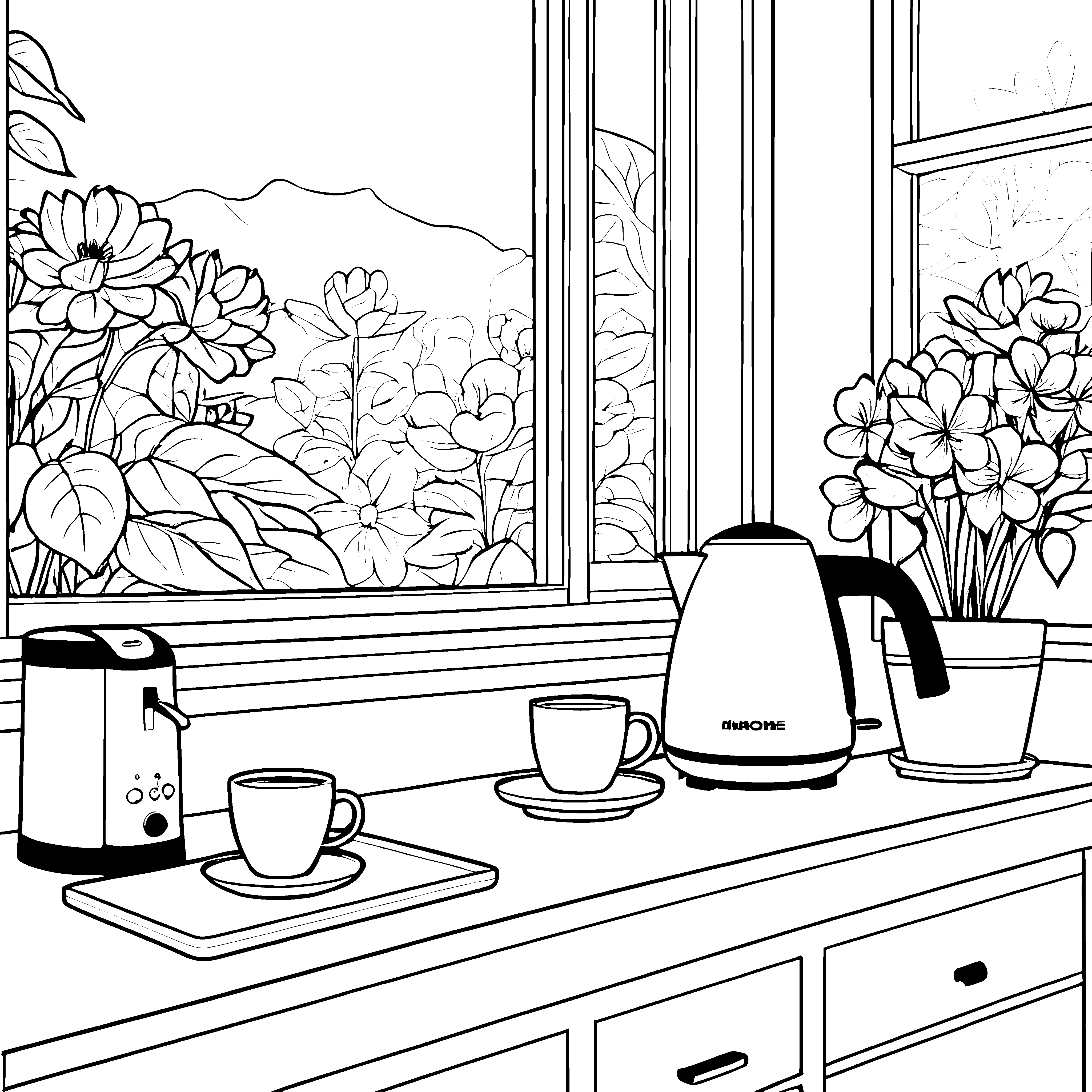 Moderne Kaffeemaschine in blühender Küchenszene Ausmalvorlage für kreative Kaffeefans