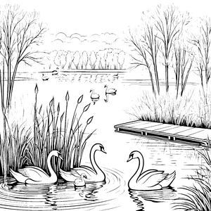 Schöne Schwäne im ruhigen Wasser Ausmalvorlage für fantasievolle Künstler