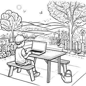 Entspannter Junge mit Laptop im blühenden Garten Ausmalvorlage für kleine Naturforscher