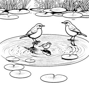 Plitschende Vögel im spritzigen Teich Ausmalvorlage für kleine Wasserratten