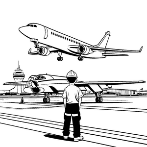 Spannende Flugzeuge am Flughafen Ausmalbild für kleine Luftfahrt-Fans