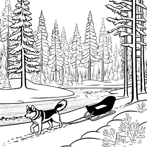 Abenteuerlicher Husky zieht rasanten Schlitten durch schneebedeckten Wald Ausmalvorlage für tierliebe Entdecker