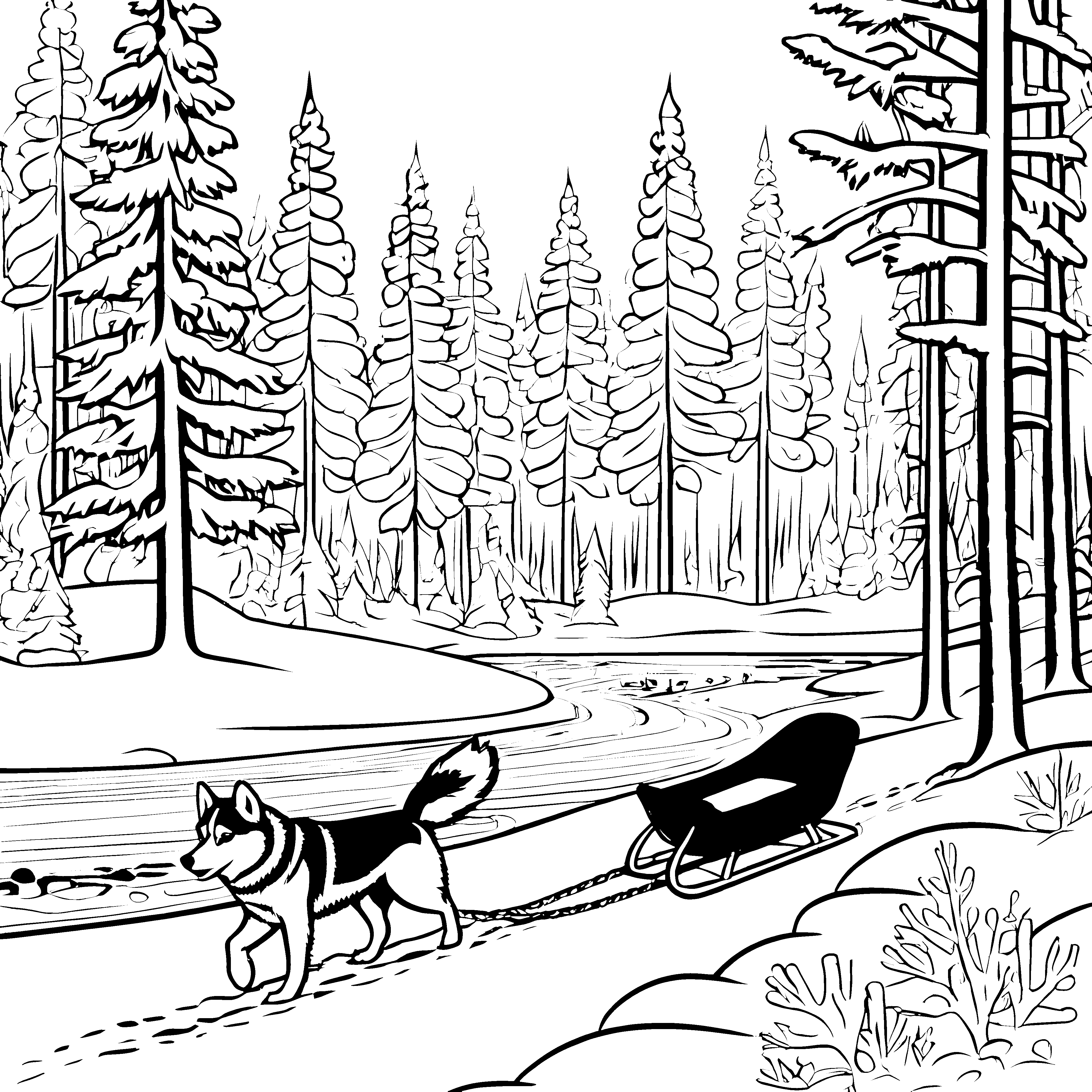 Abenteuerlicher Husky zieht rasanten Schlitten durch schneebedeckten Wald Ausmalvorlage für tierliebe Entdecker