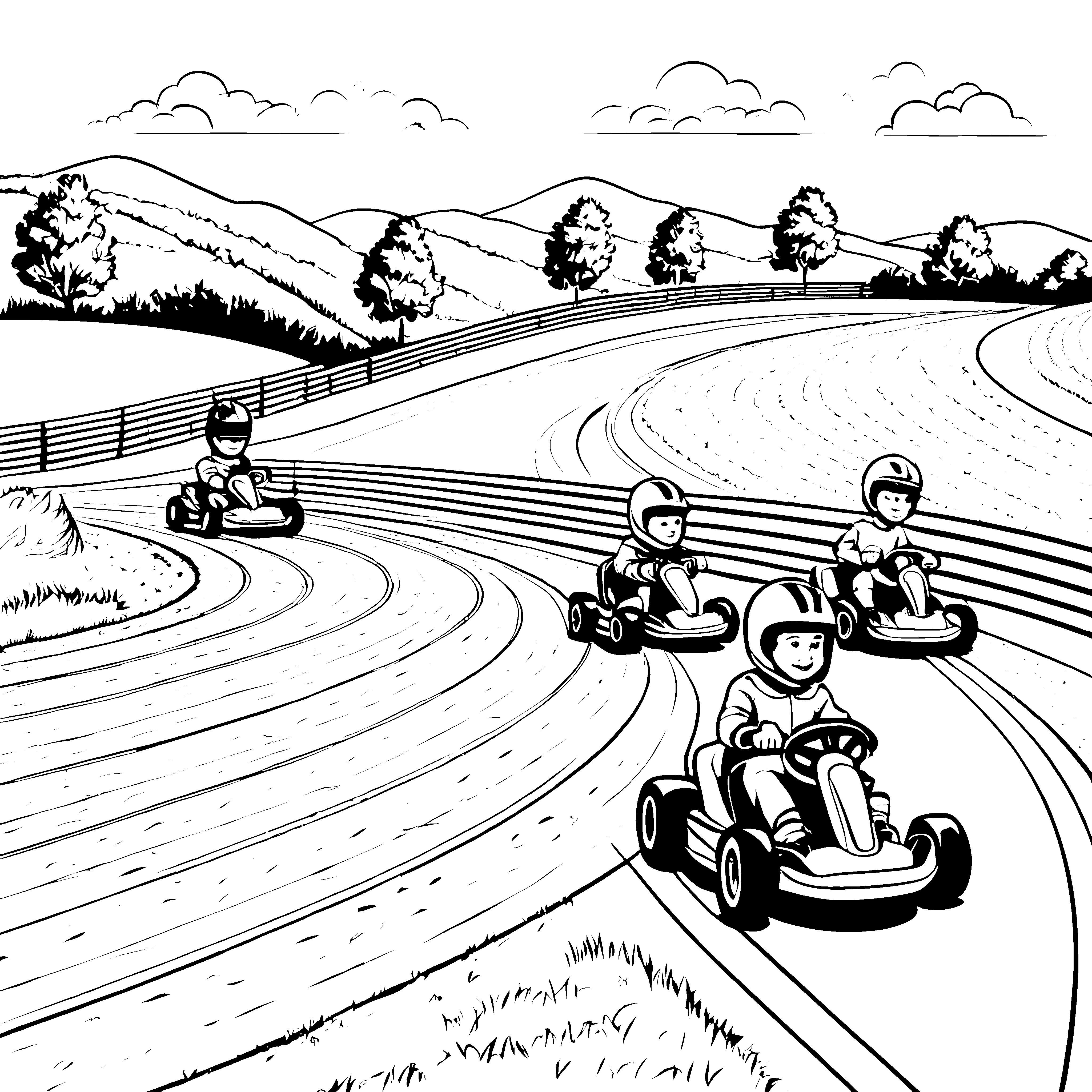 Rasante Go-Kart-Rennen auf der spannenden Rennstrecke Malvorlage für kleine Geschwindigkeitsfans