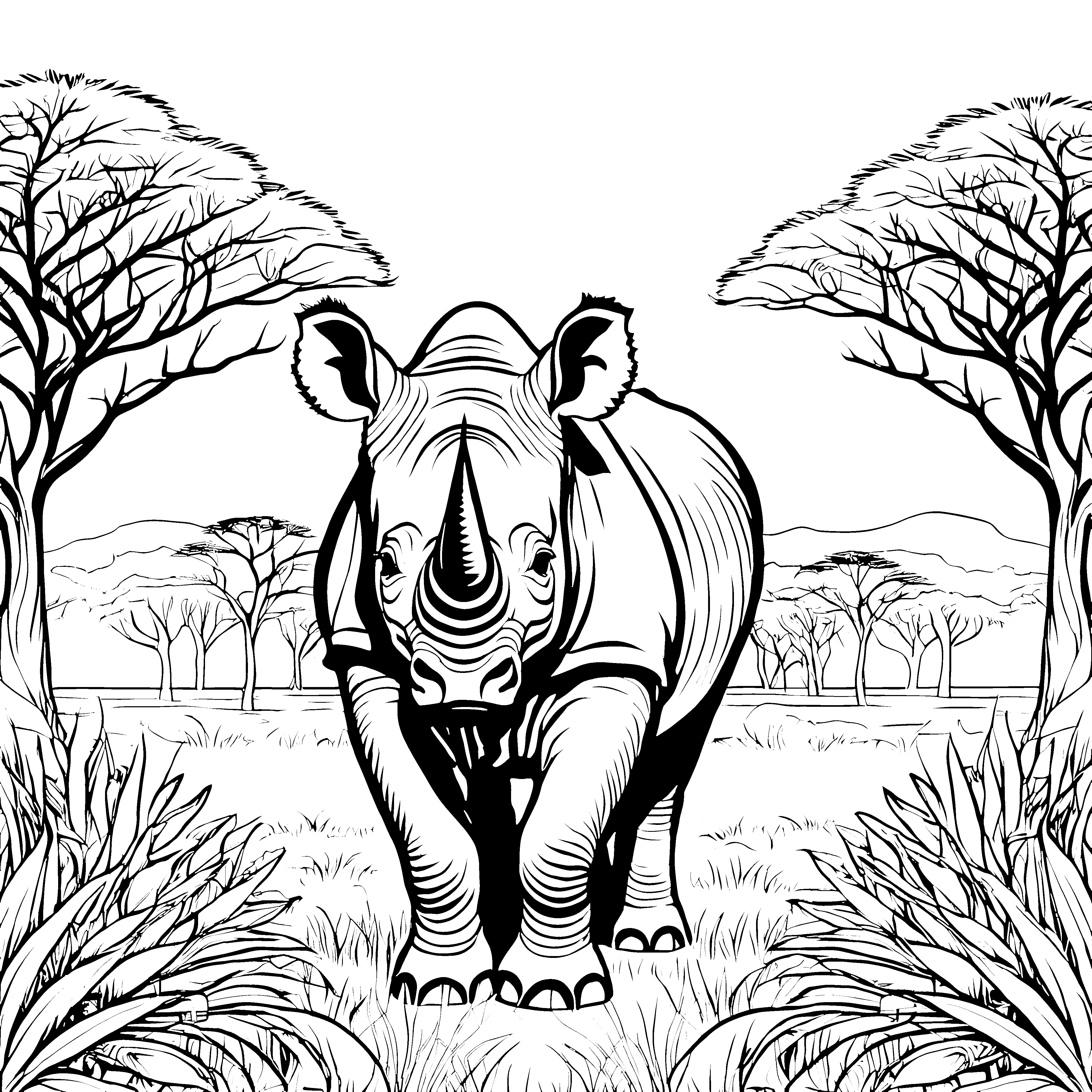 Starkes Nashorn in der Savanne Ausmalvorlage für mutige Tierforscher