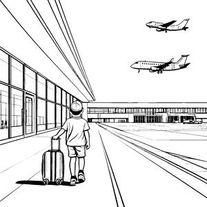 Abenteuerlicher Flughafen mit startenden Flugzeugen Ausmalvorlage für kleine Reiseabenteurer