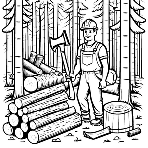 Fröhlicher Holzfäller mit Axt im Wald Ausmalvorlage für kleine Naturforscher