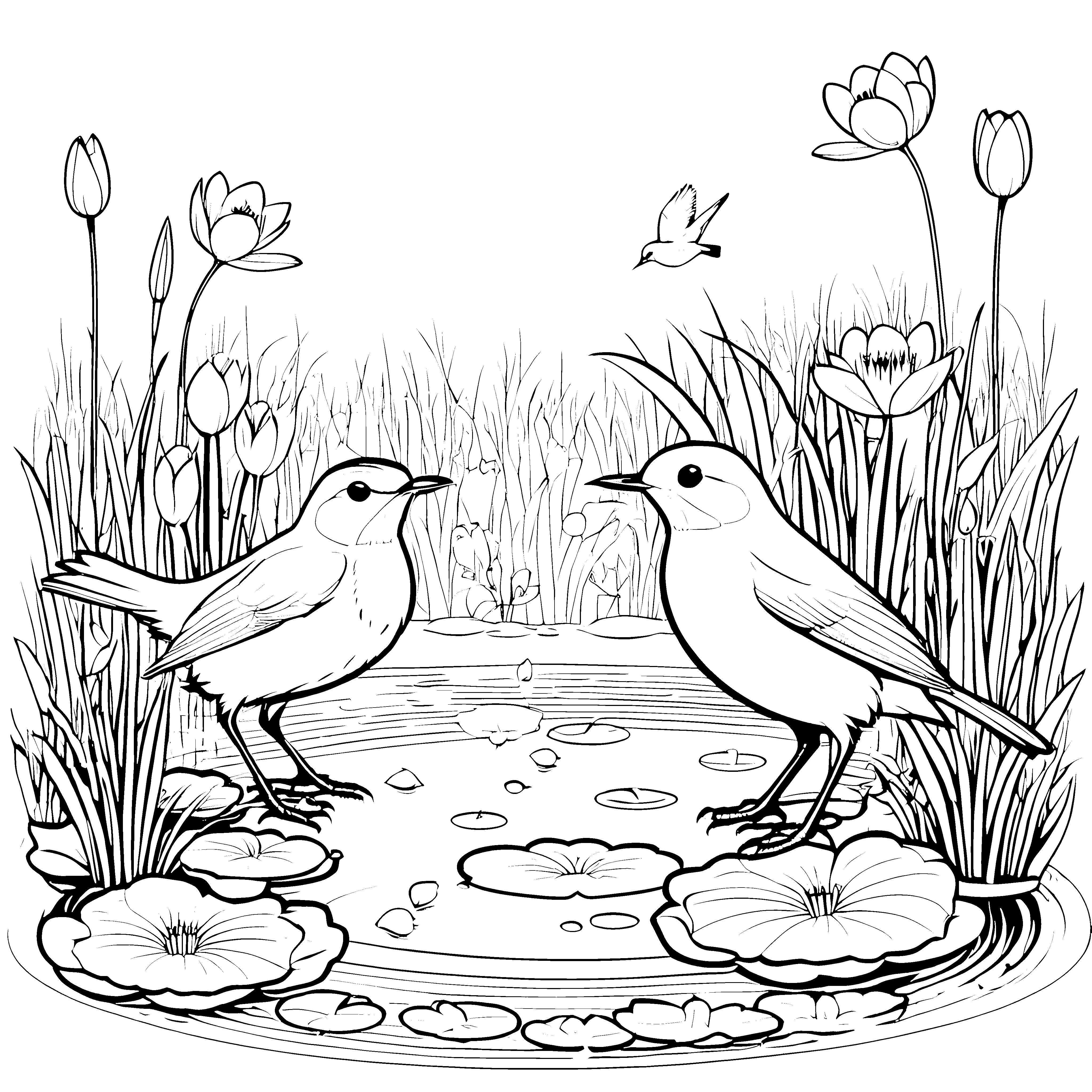 Spritzige Vögel im fröhlichen Wasserbad Ausmalbild für neugierige Naturentdecker