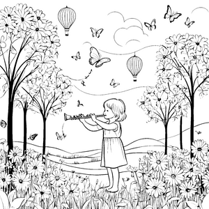 Flötenspielendes Mädchen unter bunten Ballons Ausmalmotiv für fröhliche Musikfreunde
