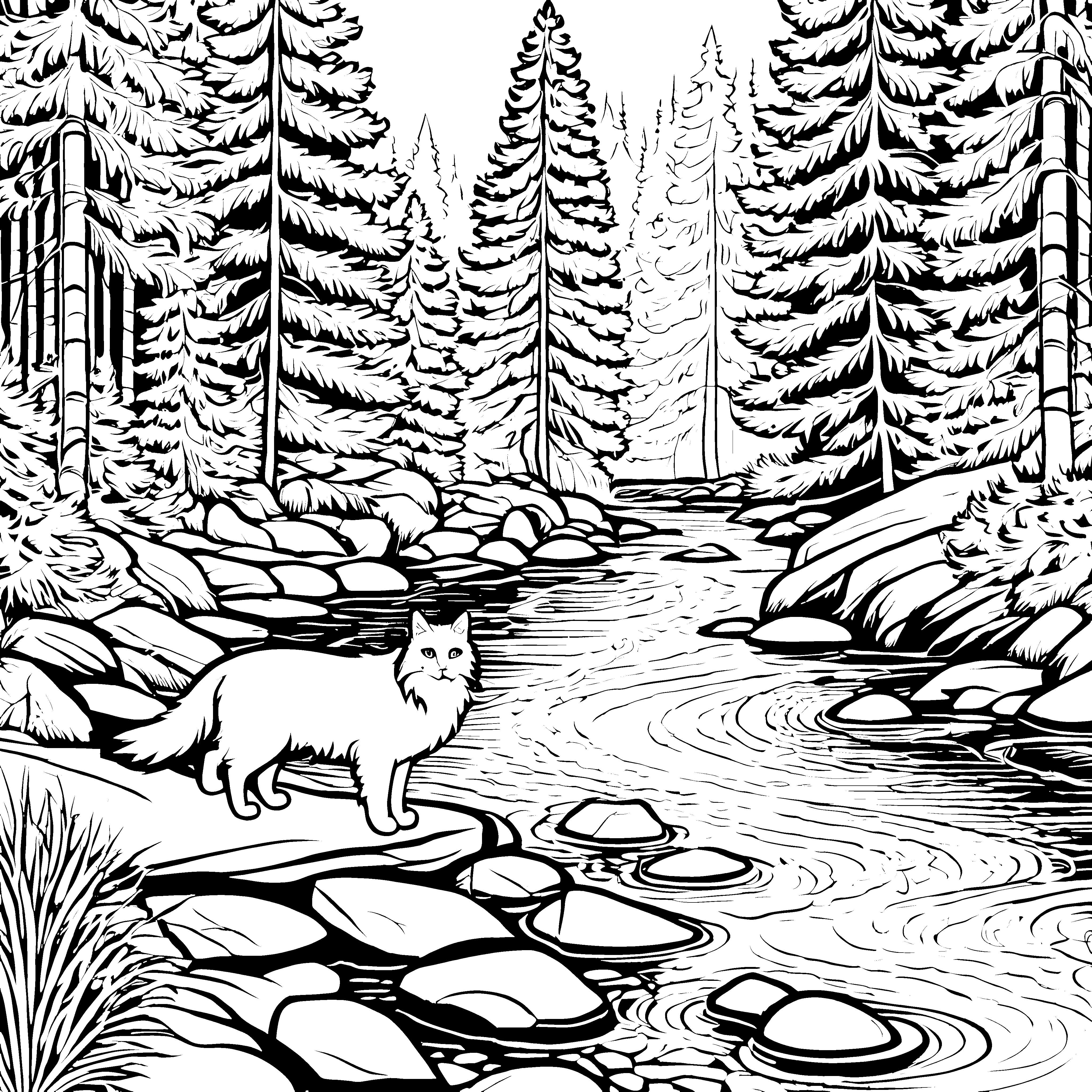Majestätische norwegische Waldkatze am klaren Fluss Ausmalmotiv für tierliebende Entdecker