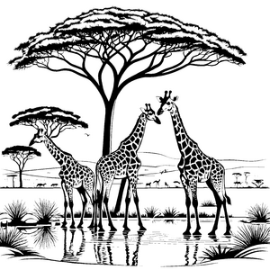 Drei majestätische Giraffen am glitzernden Wasser Ausmalbild für neugierige Künstler