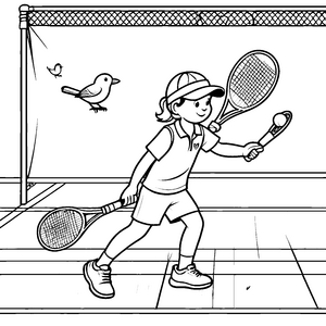 Tennis spielendes Kind mit fliegendem Vogel Ausmalmotiv für sportliche Entdecker