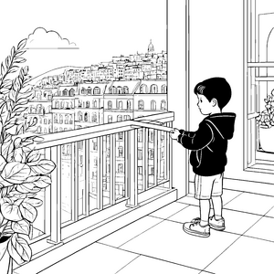 Beeindruckender Ausblick vom Balkon über die Stadt Ausmalvorlage für abenteuerlustige Entdecker