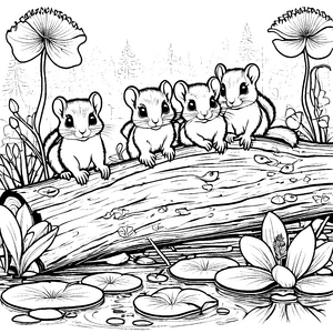 Fröhliche Flughörnchen-Babys auf bunter Baumstamm-Ausmalvorlage für kleine Tierliebhaber