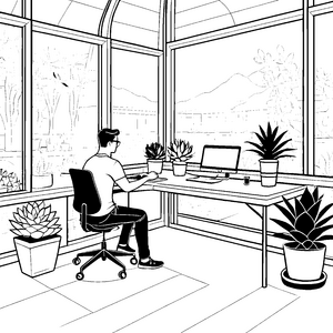 Kreativer Softwareentwickler im lichtdurchfluteten Büro Ausmalbild für innovative Köpfe