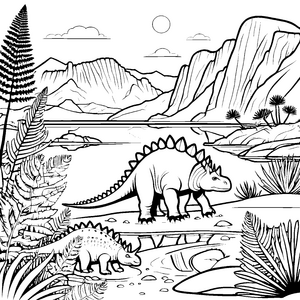 Faszinierende Stegosaurier am Wasserloch Ausmalbild für abenteuerlustige Dino-Fans