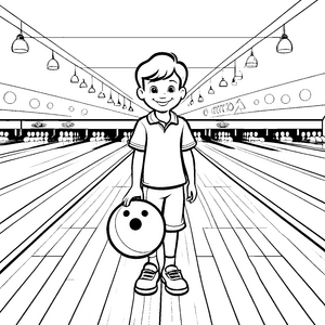 Begeisterter Junge mit Bowlingkugel in der Bahn Ausmalvorlage für junge Stars
