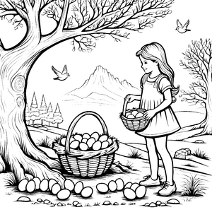 Bunt gefüllte Osternester unter dem blühenden Baum Ausmalbild für fröhliche Entdecker
