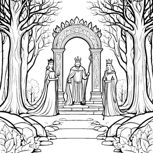 Majestätische Könige und Königinnen im Zauberwald Ausmalvorlage für beeindruckende Entdecker
