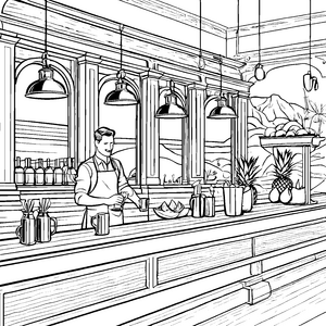 Kreativer Barkeeper mixt fruchtige Cocktails Ausmalbild für junge Genussfreunde