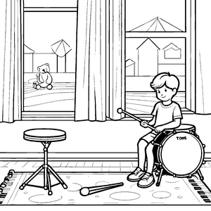 Begeisterter Junge spielt mit buntem Schlagzeug Ausmalbild für kleine Musikliebhaber