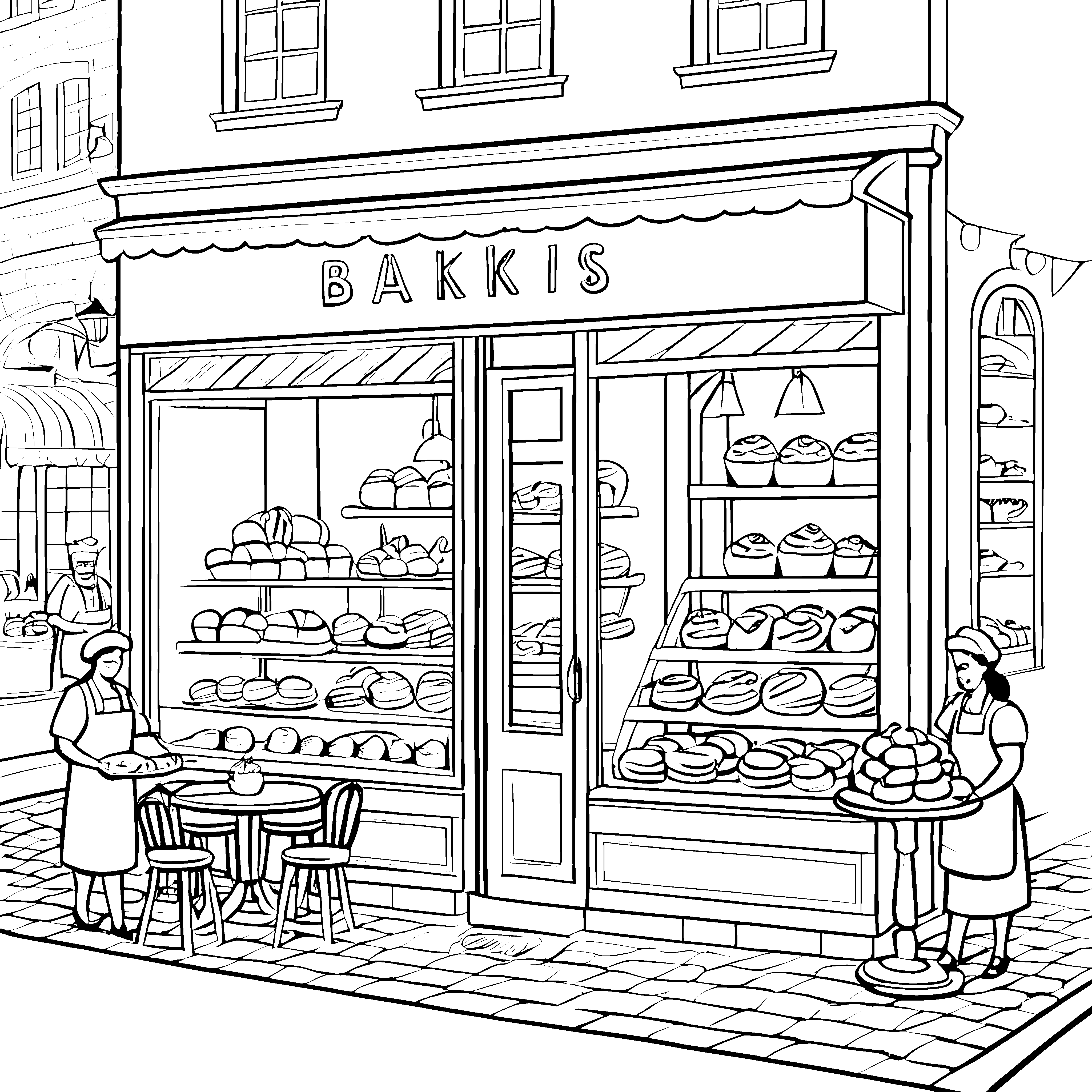 Süßes Bäckerei-Scenery mit frischen Leckereien Ausmalvorlage für neugierige kleine Köche