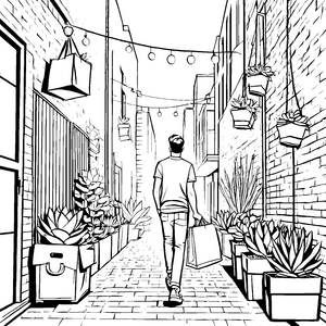 Trendiger Hipster in gemütlicher Gasse Ausmalvorlage für stilvolle Entdecker