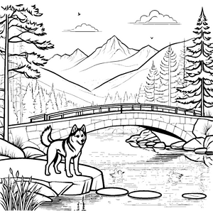 Husky auf ruhigem Steg im Bergsee Ausmalbild für künstlerische Naturentdecker