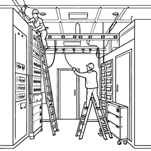 Kreative Elektriker bei der Kabelinstallation Malvorlage für neugierige Technikfans