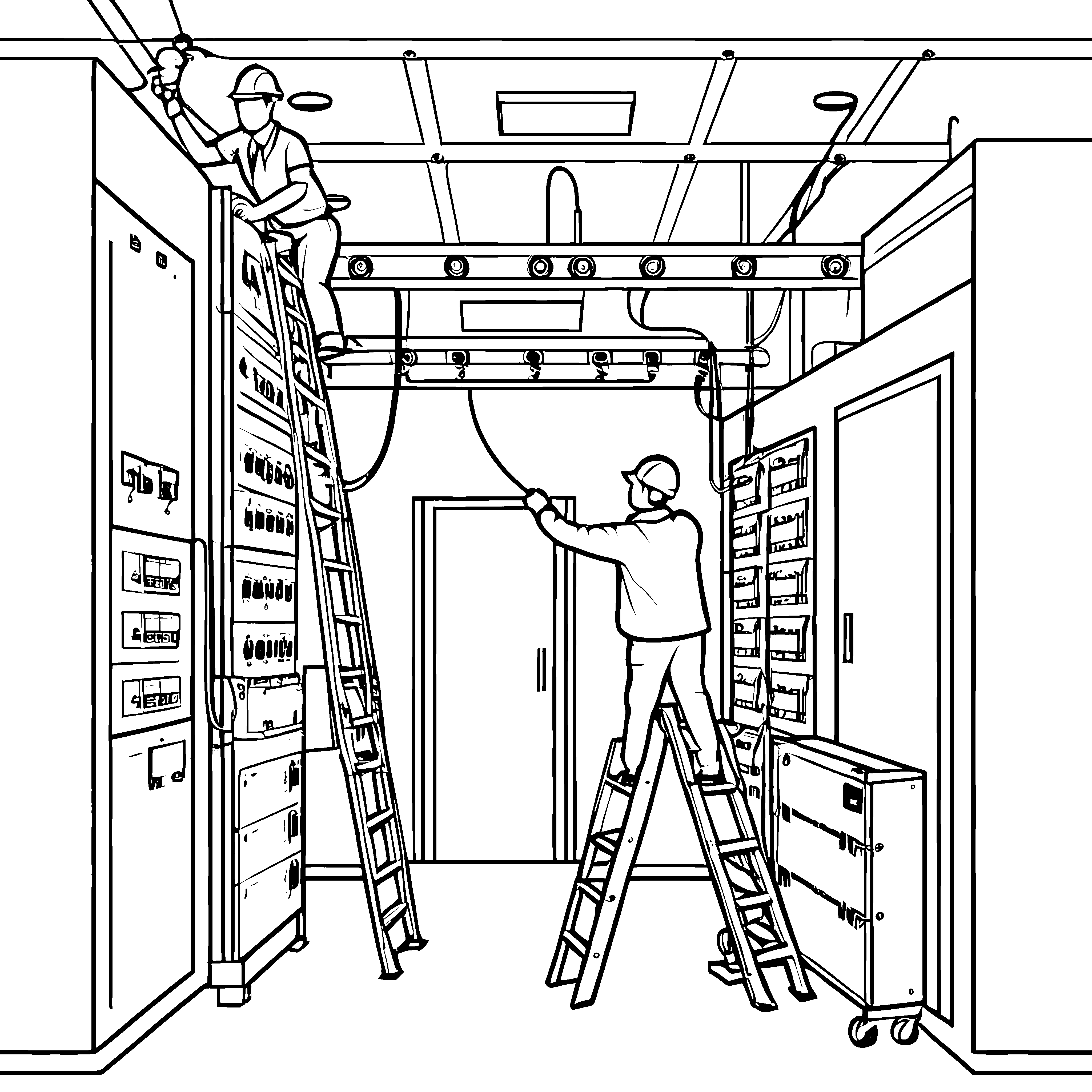 Kreative Elektriker bei der Kabelinstallation Malvorlage für neugierige Technikfans