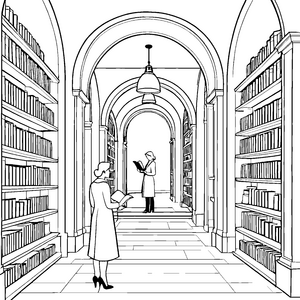 Wissbegierige Bibliothekare zwischen hohen Bücherregalen Malvorlage für kleine Leseratten