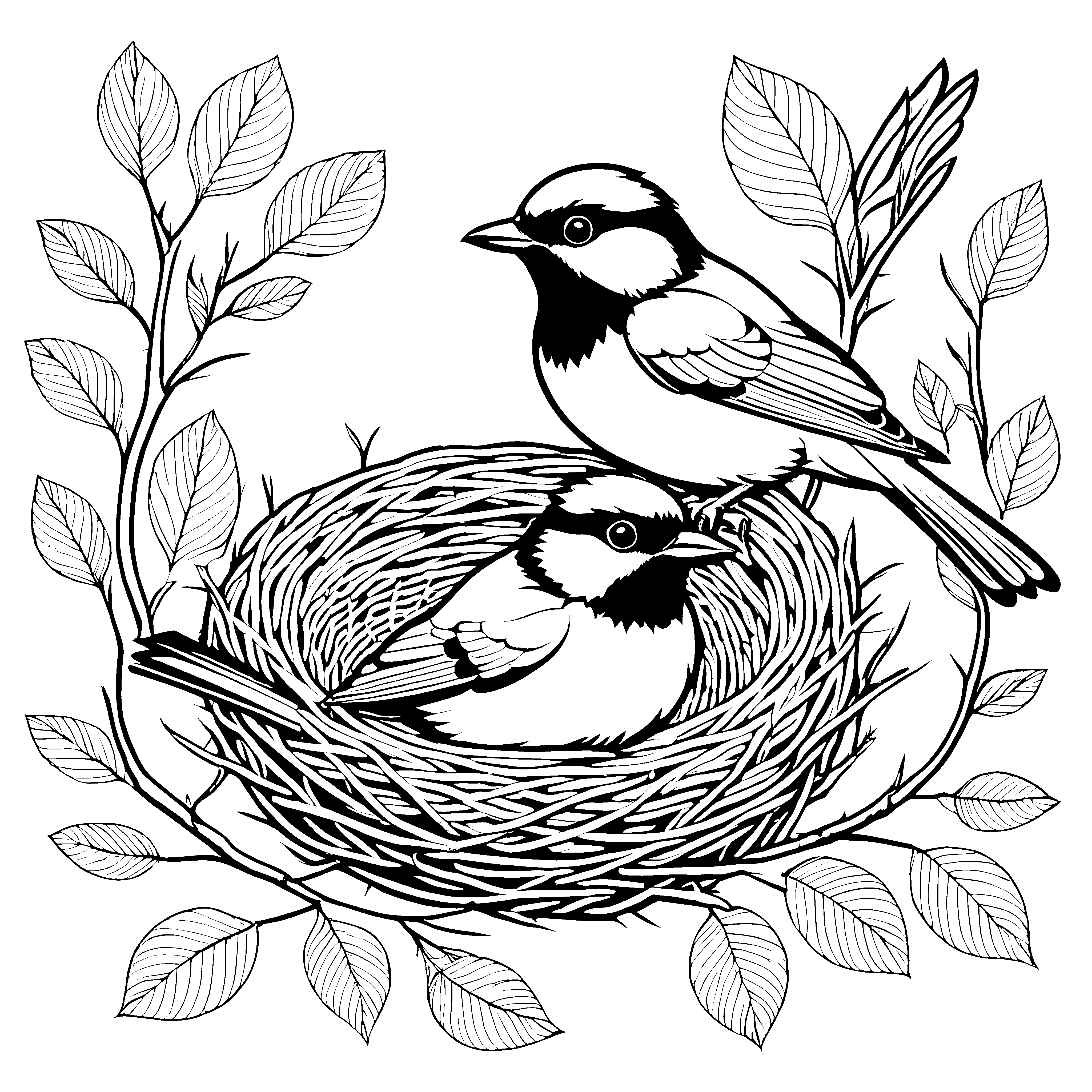Niedliche Vögelchen im fluffigen Nest Ausmalvorlage für kreative Naturentdecker