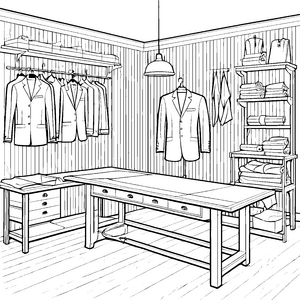 Kreatives Schneideratelier mit stilvollen Anzügen Ausmalbild für modebewusste kleine Designer
