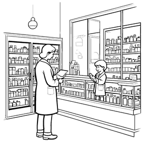 Lebendige Apothekerin berät neugierigen Jungen Ausmalbild für kleine Gesundheitsfreunde