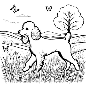 Pudel beim fröhlichen Spaziergang in der Natur Ausmalbild für kleine Abenteuerfreunde