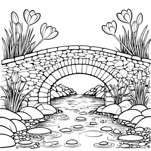 Zarte Krokusse am romantischen Brückenfluss Ausmalmotiv für fröhliche Naturentdecker