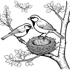Zwei fröhliche Vögel bei der Nestbau-Aktion Ausmalbild für kleine Naturliebhaber