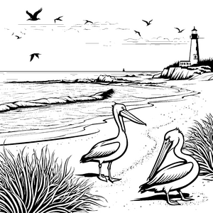 Bezaubernde Pelikane am malerischen Strand Ausmalbild für kleine Naturforscher