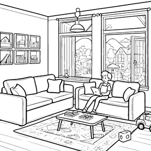 Bezauberndes Wohnzimmer mit gemütlichem Dreisitzer-Sofa Ausmalvorlage für kreative Entdecker