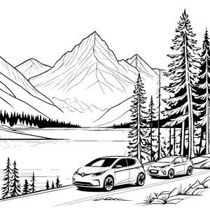 Zwei spannende Autos in der Berglandschaft Ausmalvorlage für kleine Entdecker