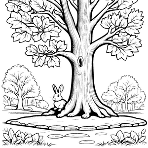 Verspielter Hase unter dem prächtigen Baum Ausmalvorlage für neugierige Naturfreunde