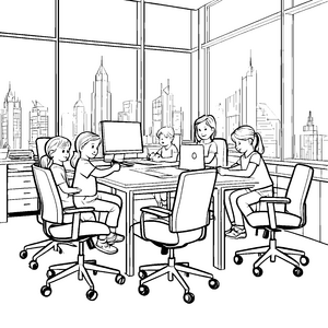 Coole Bürostühle im kreativen Arbeitsumfeld Ausmalbild für kleine Zukunftsgestalter