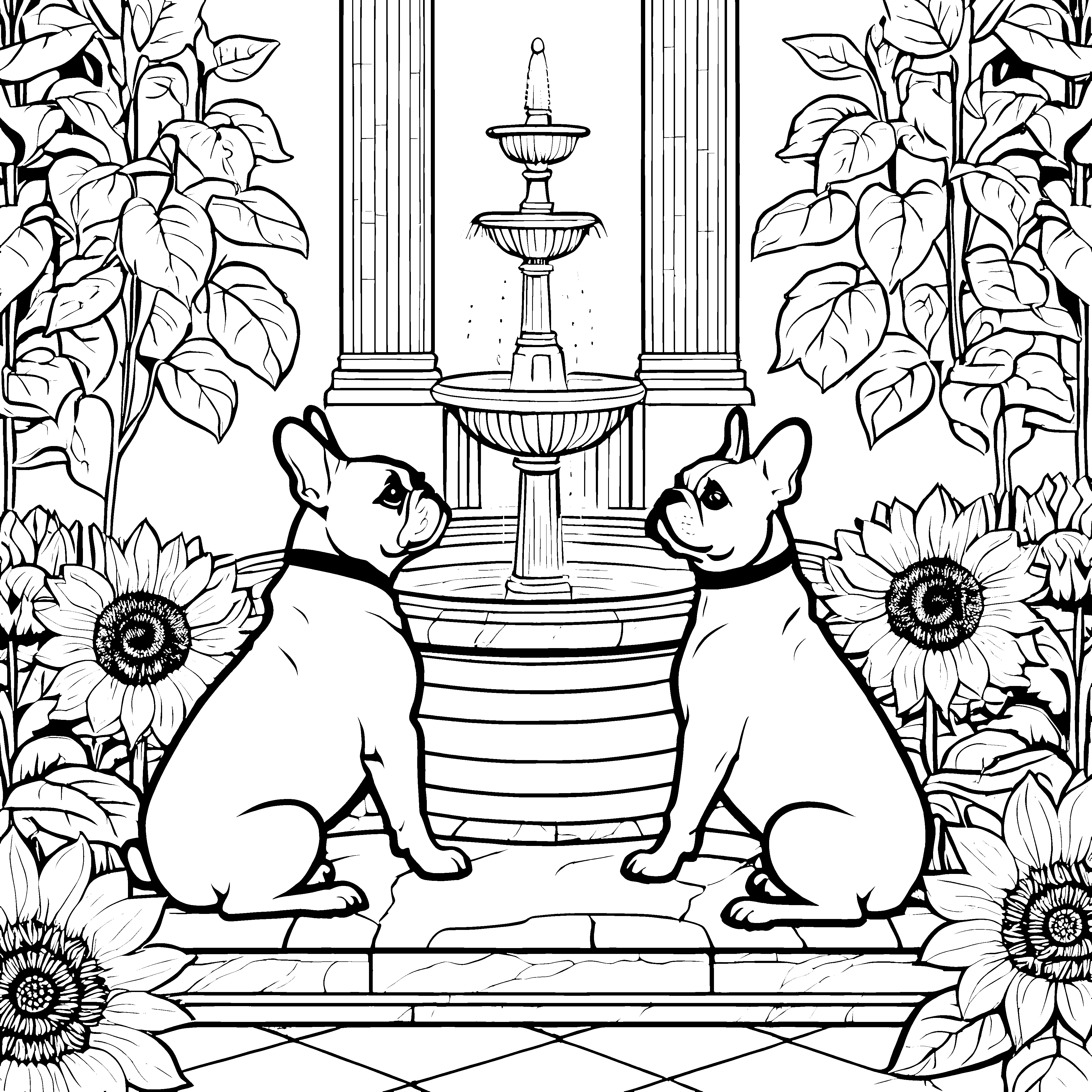 Zwei charmante Französische Bulldoggen am sprudelnden Brunnen Ausmalvorlage für stilvolle Tierfreunde