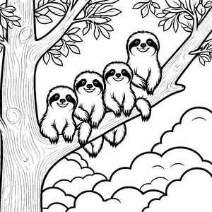 Gestreifte Faultierbabys auf gemütlichem Ast Ausmalbild für fröhliche Tierliebhaber