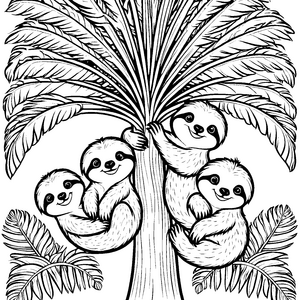 Süße Faultierbabys am großen Palmenstamm Ausmalvorlage für kleine Entdecker