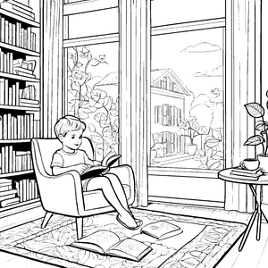 Gemütlicher Relaxsessel mit spannender Lesezeit Ausmalbild für kleine Bücherwürmer