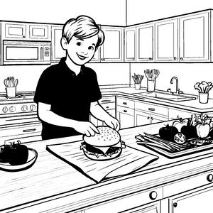 Leckere Hamburgerkreation mit frischen Zutaten Ausmalbild für hungrige Küchenchefs